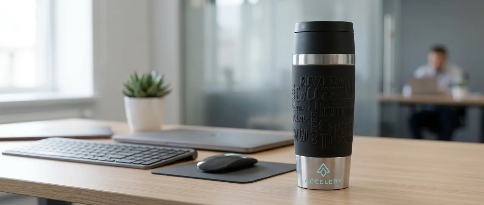 EMSA Travel Mug mit graviertem Firmenlogo auf einem Büroschreibtisch