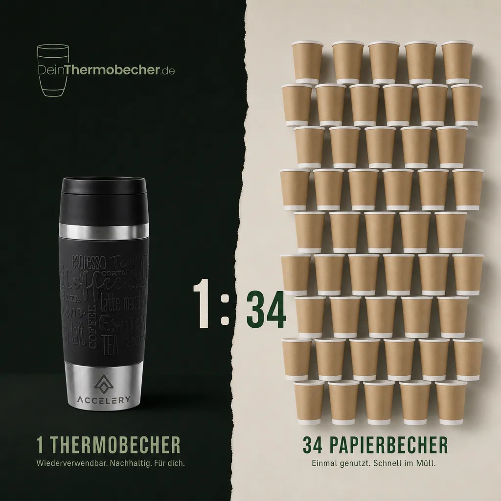 Ein wiederverwendbarer Thermobecher ersetzt 34 Einweg-Papierbecher – Nachhaltigkeitsvergleich von DeinThermobecher